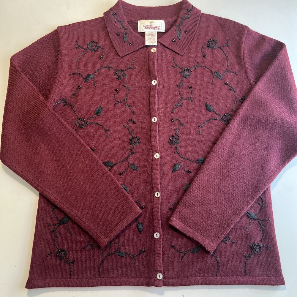 Worthington Burgundy Floral Embroidered Button Sz L Cardigan Sweater Collared
